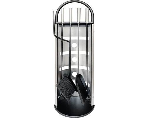 Ensemble serviteur de cheminée noir inox 5 éléments pelle balai tisonnier  pince avec support