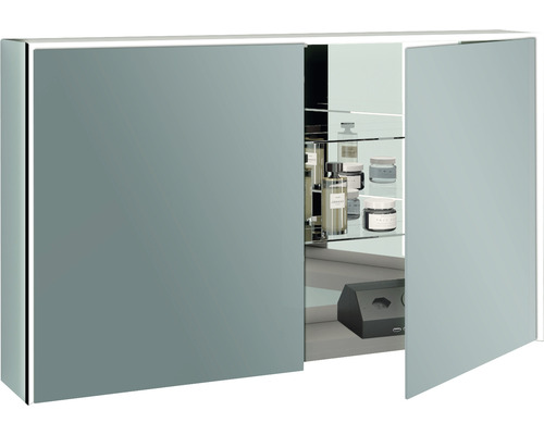 Armoire de toilette avec portes ouvertes et étagères en verre pour ranger les articles de salle de bain