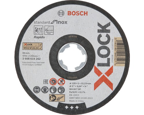 Bosch Disque à tronçonner Ø 125x22,23x1 mm Standard pour Inox, fixation X-LOCK Disque à tronçonner Bosch avec fixation X-Lock pour acier inoxydable, diamètre 125 millimètres