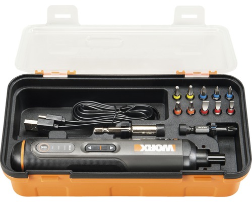 Set de tournevis sans fil dans une boîte à outils avec chargeur et embouts