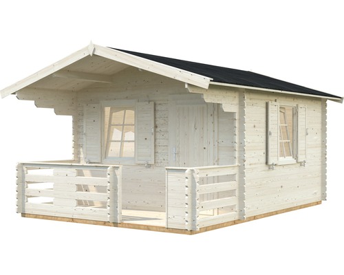 Abri de jardin en bois avec terrasse, fenêtres et porte