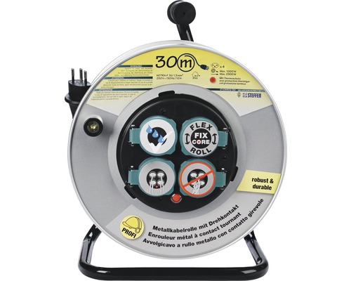 Metallkabeltrommel mit 30 Meter Kabellänge und Drehstromkontakt