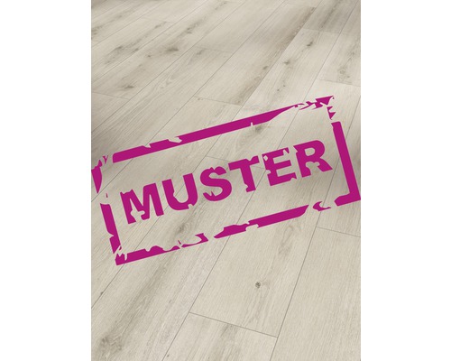 Handmuster zu Designboden Modular ONE Eiche Urban weiss gekälkt Landhausdiele Klickverbindung 1285 x 194 x 8,0 mm Muster eines hellen Laminatbodens