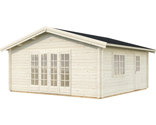 Gartenhaus aus Holz mit Fenstern und Doppeltür