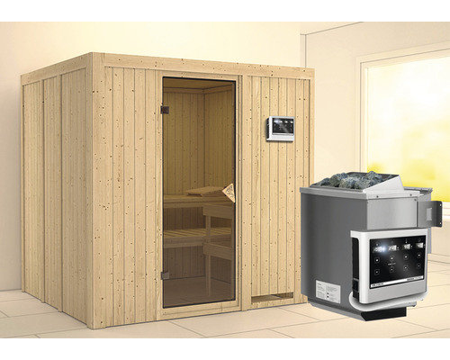 Sauna modulaire Karibu Sodinaa avec poêle Bio 9 kW et commande extérieure, sans couronne