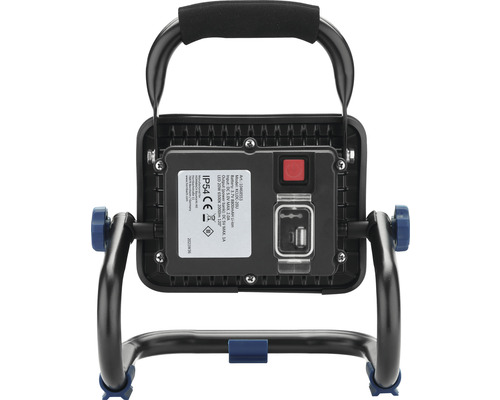Vue arrière d''un projecteur de chantier à batterie LED avec poignée et indice de protection IP54