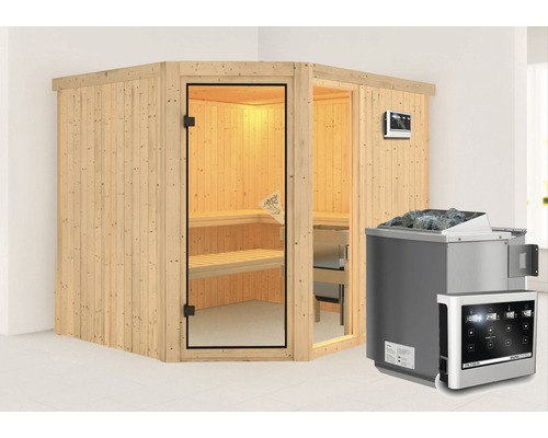 Elementsauna Karibu Siona 3 inkl. 9 kW Bio Ofen u.ext.Steuerung ohne Dachkranz mit bronzierter Ganzglastür