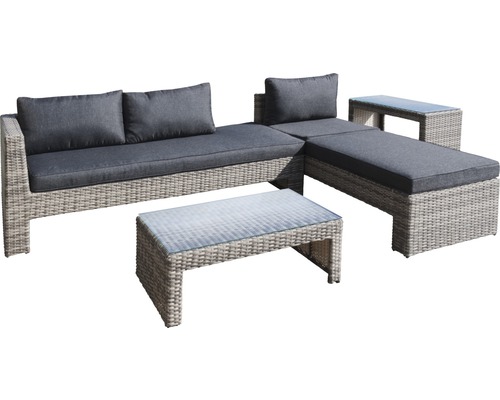 Gartenlounge Set mit Rattansofa, Ottomane und Glastischen