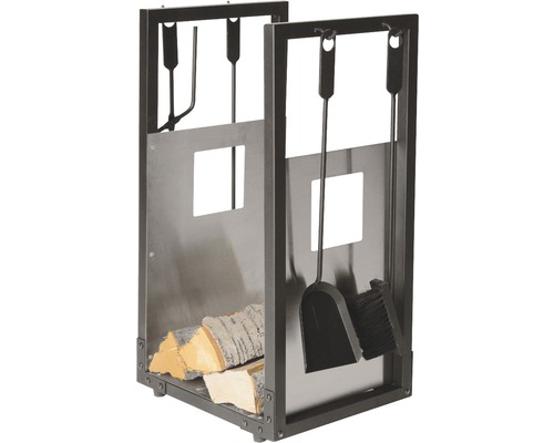 Accessoires pour cheminée Lienbacher Acier Acier inoxydable noir acier inoxydable mat comprenant panier à bois pelle tisonnier balai pince Range-bûches avec serviteur de cheminée et bûches