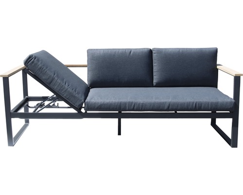Gartensofa mit verstellbarer Rückenlehne und grauen Kissen