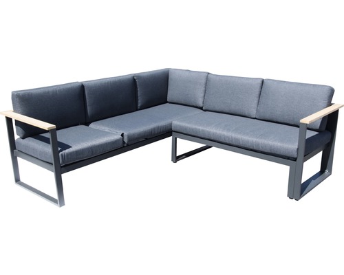Graues Ecksofa mit Polster und Holzarmlehnen für den Aussenbereich
