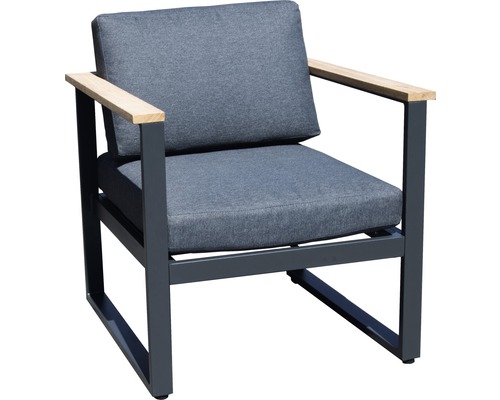 Gartensessel mit Kissen, Holzarmlehnen und Metallgestell