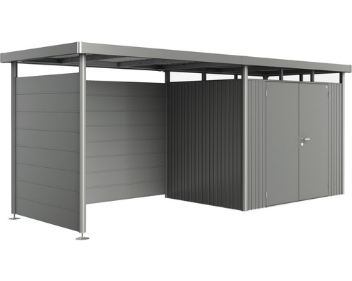 Abri à outils gris avec toit et parois latérales pour le jardin