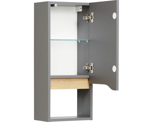 Armoire de toilette grise ouverte avec étagère en verre et éclairage