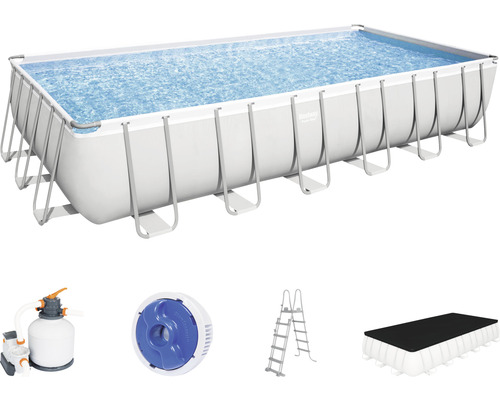 Framepool-Set Bestway Power Steel™ eckig 732x366x132 cm inkl. Sandfilteranlage, Leiter & Abdeckplane grau