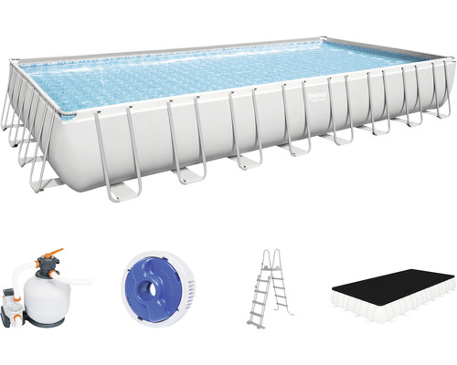 Aufstellpool Framepool-Set Bestway Power Steel™ eckig 956x488x132 cm inkl. Sandfilteranlage, ChemConnect Dosierer, Zeitschaltuhr, Leiter & Abdeckplane grau