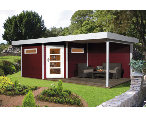 Lounge Haus weka Davos mit Fussboden und Lounge 586 x 278 cm schwedischrot Modernes Gartenhaus mit überdachter Terrasse und Gartenmöbeln