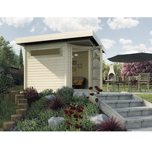 Abri de jardin avec porte ouverte, terrasse avec barbecue et sièges