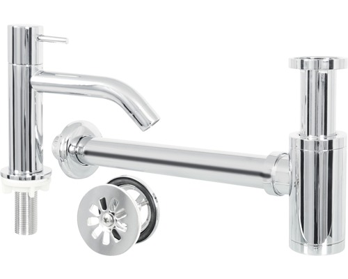 Waschtischarmatur, Siphon und Ablaufgarnitur für das Waschbecken