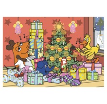 Illustration einer Weihnachtsfeier mit Maus, Ente, Elefant, Weihnachtsbaum und Geschenken