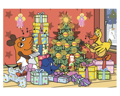 Weihnachtspostkarte Die Mau Bescherung 14,8x10,5 cm Illustration einer Weihnachtsfeier mit Maus, Ente, Elefant, Weihnachtsbaum und Geschenken