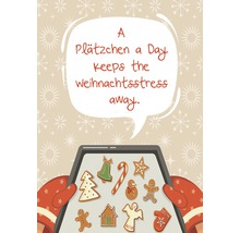 Illustration mit Weihnachtsguetzli auf einem Backblech und dem Spruch: Ein Guetzli am Tag hält den Weihnachtsstress fern.