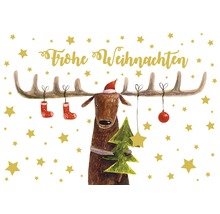 Weihnachtskarte mit Elch, Weihnachtsmannmütze, Weihnachtsbaum und Sternen