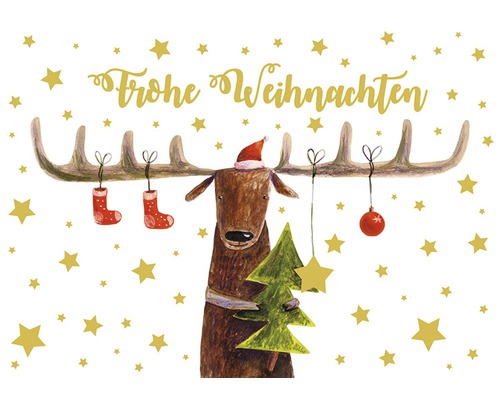 Weihnachtspostkarte Frohe Weihnachten Rentier 14,8x10,5 cm Weihnachtskarte mit Elch, Weihnachtsmannmütze, Weihnachtsbaum und Sternen