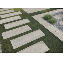 Chemin de jardin avec des dalles rectangulaires imitation bois sur une pelouse