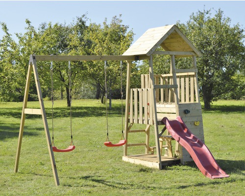 Tour de jeux flamant rose en bois avec mur d’escalade, balançoire, bac à sable, banc et toboggan rouge