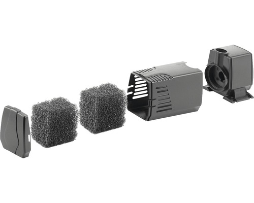 Explosionszeichnung einer Teichpumpe mit Gehäuse, Filter und Deckel