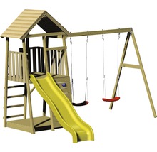 Spielturm Pinguin Holz mit Kletterwand, Schaukel, Sandkasten und Rutsche gelb