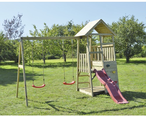 Spielturm Salamander Holz mit Kletterwand, Schaukel, Sandkasten und Rutsche rot