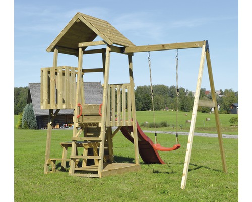 Tour de jeu Gorille bois avec mur d'escalade, balançoire, bac à sable, banc et toboggan rouge