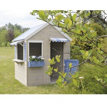 Cabane de jeux en bois avec fenêtre et jardinière dans le jardin