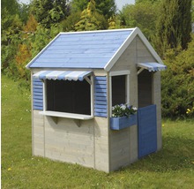 Maisonnette en bois pour enfants avec des touches bleues dans le jardin
