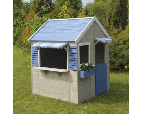 Kinderspielhaus aus Holz mit blauen Akzenten im Garten