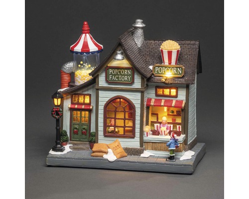 Dekorative Popcornfabrik für die Weihnachtszeit mit Beleuchtung und Figuren