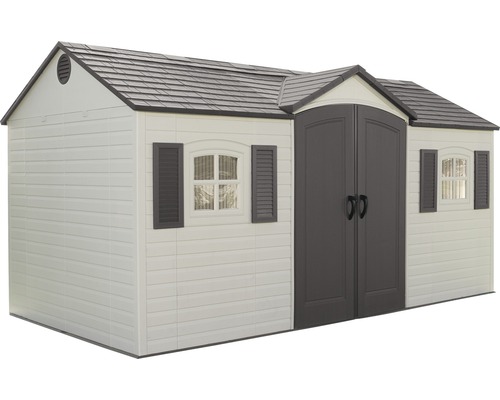 Abri de jardin avec double porte, fenêtres et toit