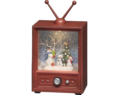 Boule à neige en forme de téléviseur avec bonhomme de neige, sapin de Noël et éclairage