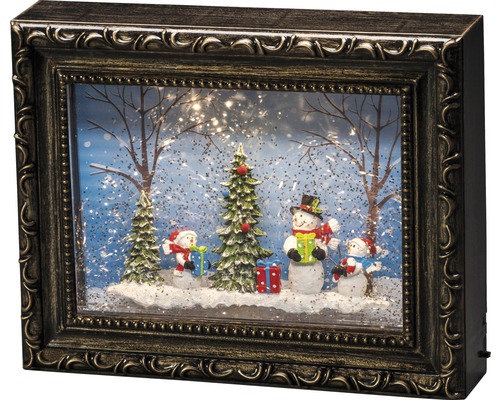 Boule à neige décorative avec cadre, motif de Noël et bonhommes de neige