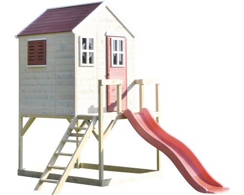 Spielhaus aus Holz mit Rutsche und Leiter