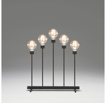 Dekorative Leuchte mit fünf Glühbirnen auf schwarzem Sockel