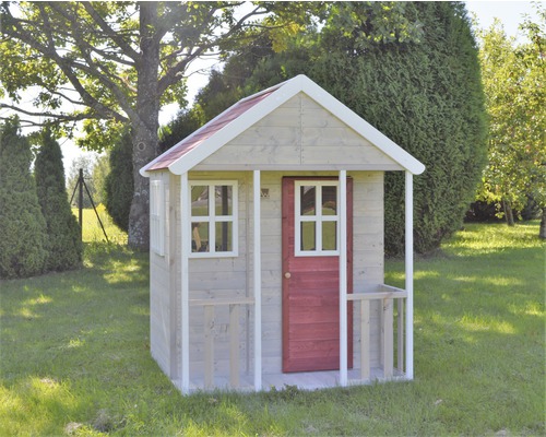 Spielhaus aus Holz mit Tür und Fenster im Garten