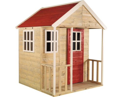Spielhaus aus Holz mit rotem Dach und Veranda
