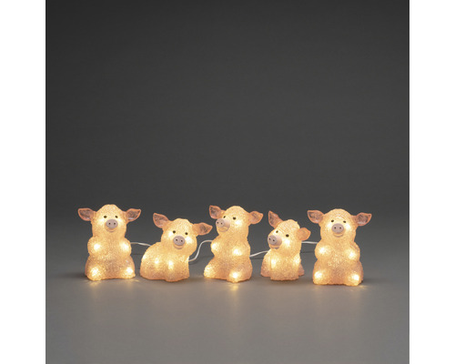 Figurine lumineuse LED Konstsmide lot de 5 cochons acrylique h 12,5 cm 4 m + longueur du câble d’alimentation 5 m 5 LED couleur d'éclairage blanc chaud Guirlande lumineuse avec motif de cochon
