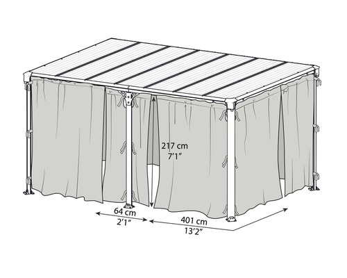 Insektenschutznetz Palram – Canopia für Pavillon Milano 4300/Martinique 5000 Illustration eines Pavillons mit Vorhängen und Größenangaben.