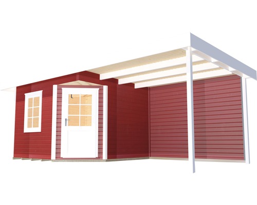 Abri de jardin en bois avec auvent, façade rouge, porte et fenêtre