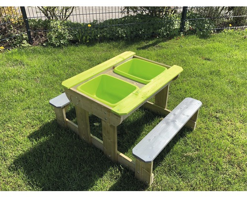 Table de jeu sable et eau bois avec couvercle et bancs 100x80x53 cm vert naturel