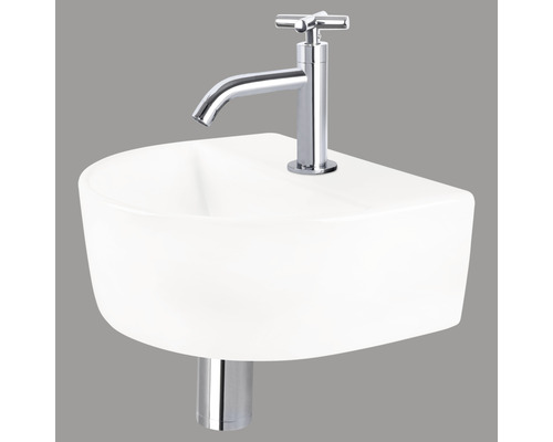 Lave-mains - Ensemble comprenant robinet de lave-mains chromé DEMI céramique sanitaire émaillée blanche 30x25 cm